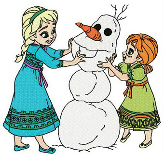 Anna, Elsa and snowman machine embroidery design