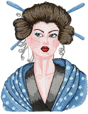 Geisha with hairpin free machine embroidery design