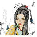 Geisha with small butterfy machine embroidery design