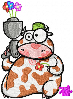 Cow with flower*s gun free machine embroidery design 