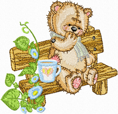 Teddy Bear on the bench in the garden machine embroidery design