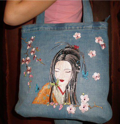 bag with geisha machine embroidery designs