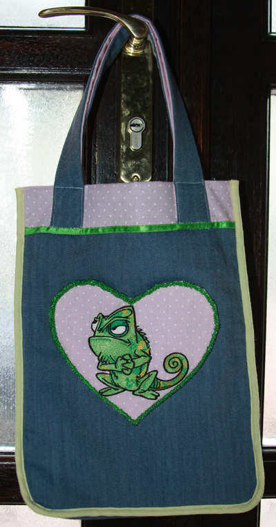 embroidered bag with chameleon design