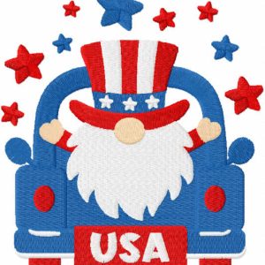 4th of july gnome on truck embroidery design