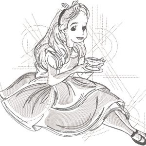 Alice with tea cup art sketch embroidery design