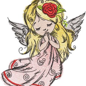 Angel with a rose in golden hair embroidery design