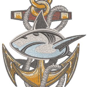 Angry shark and anchor embroidery design
