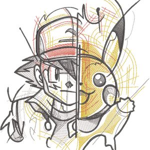 Ash Ketchum vs Pikachu embroidery design