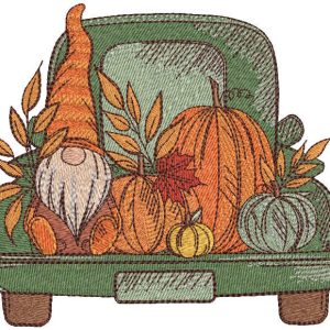 Autumn gnome with harvest in truck embroidery design