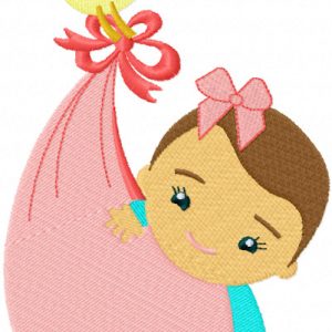 Baby in a diaper carried by a bird embroidery design