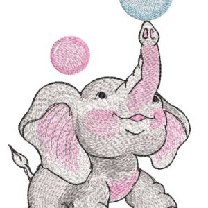 Baby elephant juggling balls embroidery design