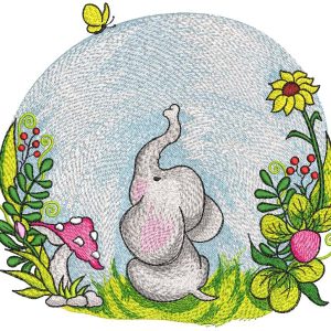 Baby elephant on sunny day in nature embroidery design