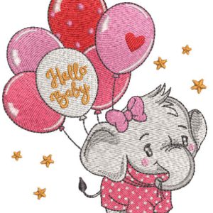 Baby elephant with balloons embroidery design