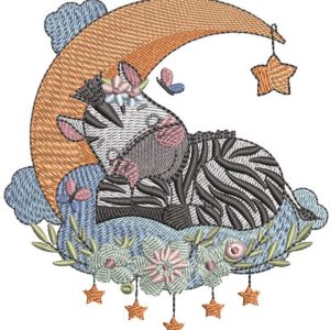 Baby zebra sleeping on a crescent embroidery design