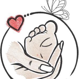 Baby's foot in mother's hand embroidery design
