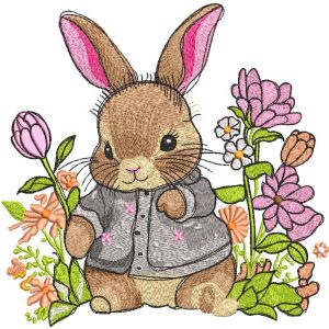 Baby bunny among forest flowers embroidery design