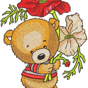 Bear collected big poppies embroidery design
