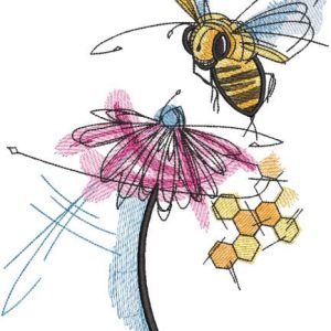 Bee flitting over flower embroidery design