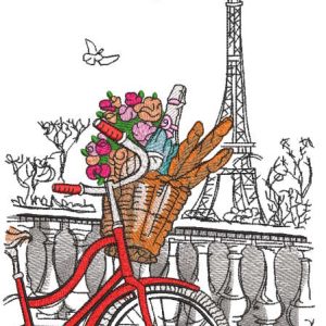 Bicycle with basket at the Eiffel Tower embroidery design
