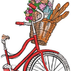 Bicycle with flowers champagne in basket embroidery design