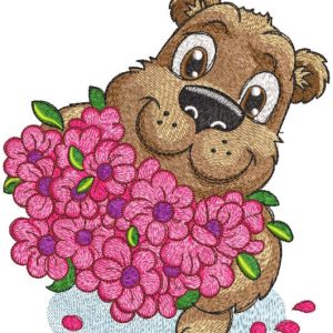 Big smiling bear with a bouquet of roses embroidery design