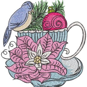 Bird sitting on a cup flower Christmas ball embroidery design