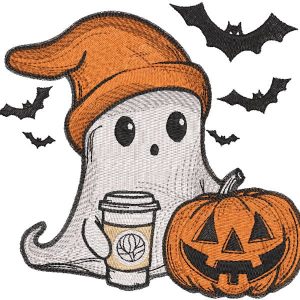 Bougie ghost with coffee mug pumpkin embroidery design