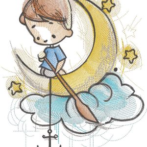 Boy with a paddle floating on a cloud embroidery design