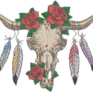 Buffalo skull with feathers and roses embroidery design