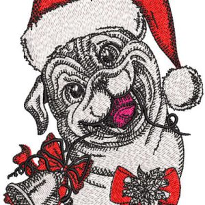 Bulldog in santa hat with bells embroidery design