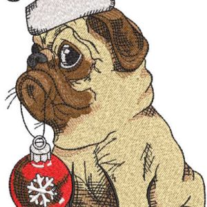 Bulldog in santa hat and christmas ball embroidery design