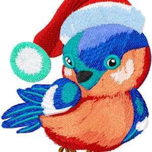 Bullfinch with Christmas hat embroidery design