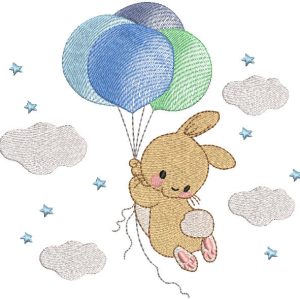 Bunny flying on bunch of balloons embroidery design