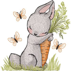 Bunny hugs a big carrot embroidery design