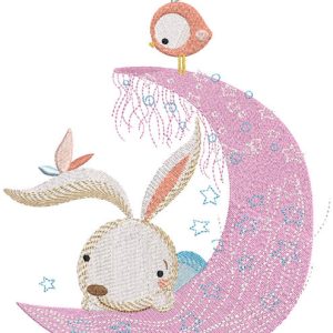 Bunny with bird and pink crescent embroidery design