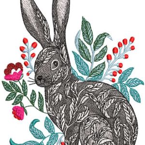 Hare in flowers berries decorated leaves embroidery design