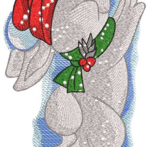Bunny hangs toys on the Christmas tree embroidery design