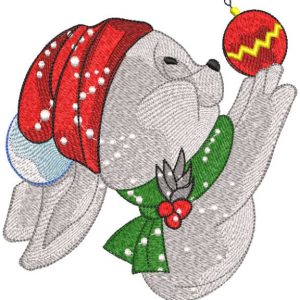 Bunny in a knitted hat hangs a Christmas ball embroidery design