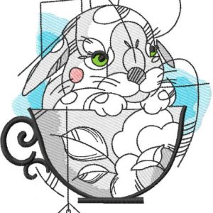 Bunny tea cup sketch embroidery design