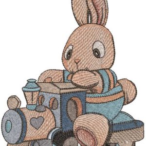 Bunny toy on a train embroidery design