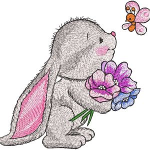 Bunny with bouquet of flowers looks at butterfly embroidery design