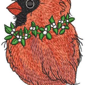 Cardinal sits on top of a Christmas ball embroidery design