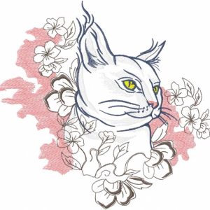 Cat with spring flowers embroidery design