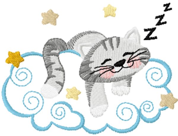 Cat sleeping on a cloud embroidery design