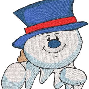 Cheerful snowman in blue top hat embroidery design