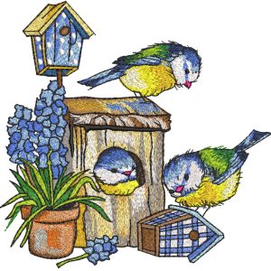 Chickadees bright birdhouses and clay pot of flowers embroidery design