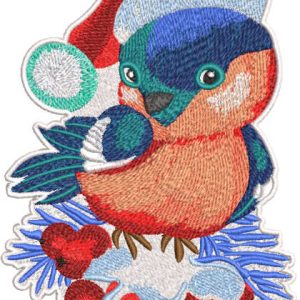 Christmas bullfinch with berries embroidery design