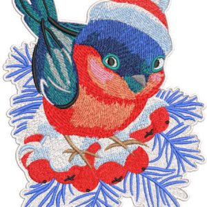 Christmas bullfinch with knitted hat embroidery design