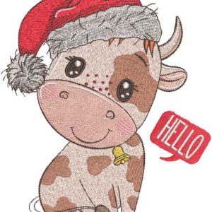 Christmas cow with santa hat embroidery design