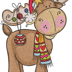 Christmas deer wearing scarf and santa hat embroidery design
